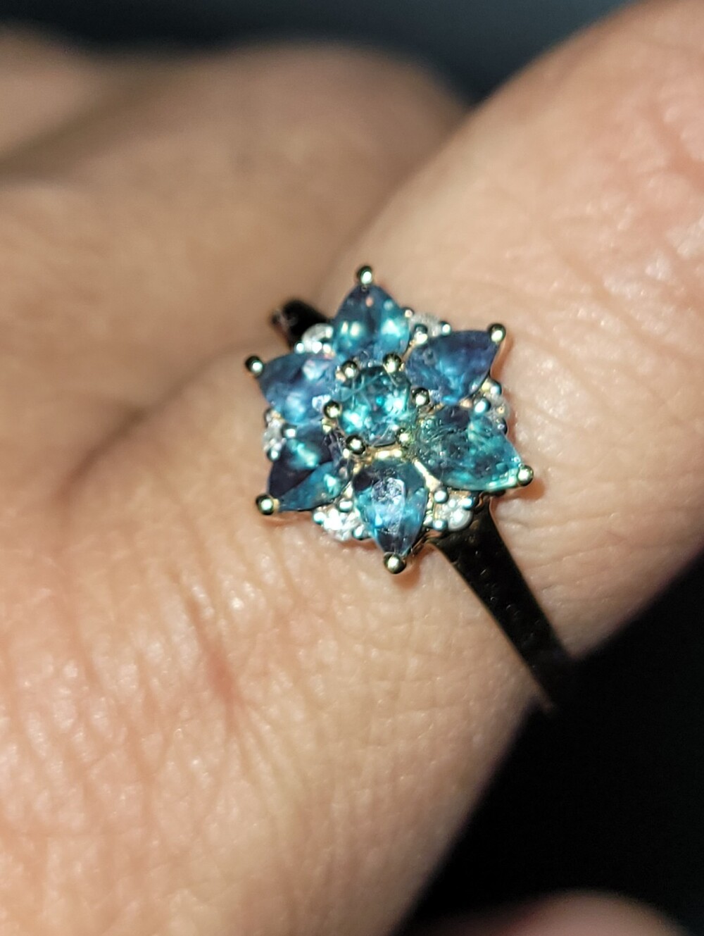 14k Natural Alexandrite Diamond  Flower Halo Yellow Gold Ring